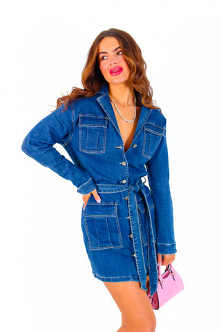 The One That I Want - Denim Belted Button Up Mini Dress