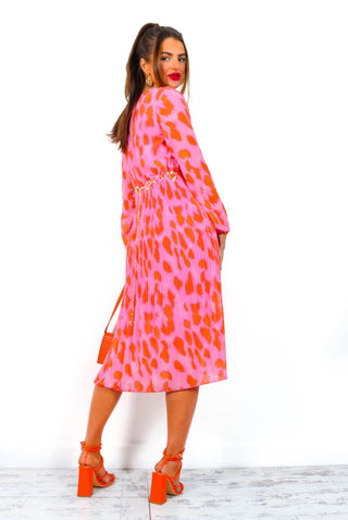 The Pleat Goes On - Pink Orange Animal Print Pleated Midi Dress