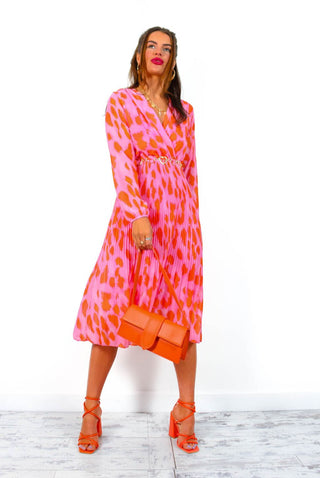 The Pleat Goes On - Pink Orange Animal Print Pleated Midi Dress