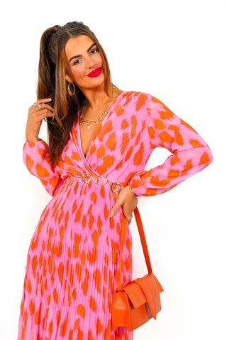 The Pleat Goes On - Pink Orange Animal Print Pleated Midi Dress