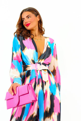 The Pleat Is On - Blue Pink Monochrome Abstract Print Pleated Jumpsuit