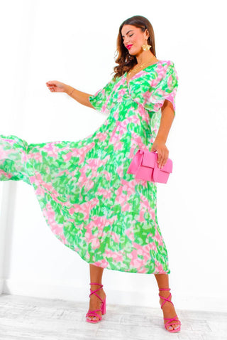 Timeless - Green Pink Animal Pleated Maxi Dress