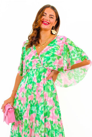 Timeless - Green Pink Animal Pleated Maxi Dress