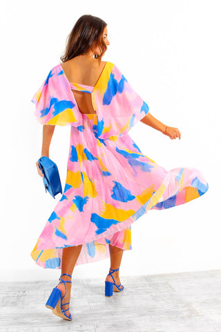 Timeless - Pink Blue Orange Abstract Pleated Maxi Dress