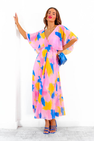 Timeless - Pink Blue Orange Abstract Pleated Maxi Dress