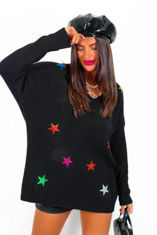 Under The Stars - Black Star Print V-Neck Jumper