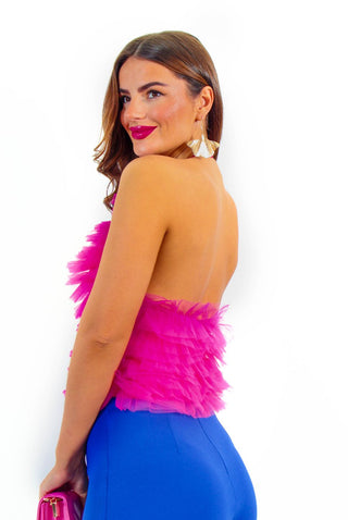 Up Tulle No Good - Hot Pink Tulle Ruffle Halter Neck Top
