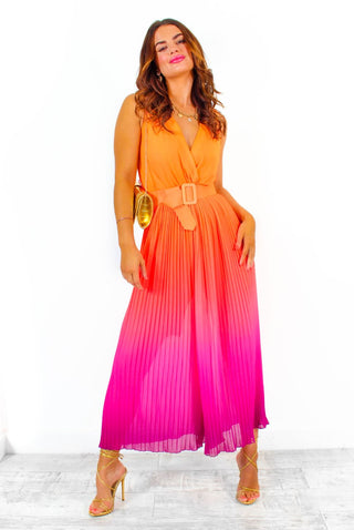 Use Your Pleat - Pink Orange Ombre Pleated Jumpsuit