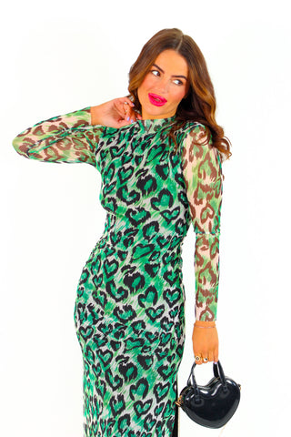 Utterly Obsessed - Green Black Leopard Heart Mesh Midi Dress
