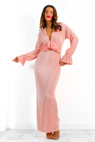 Waiting For Your Love - Blush Pink Plunge Plisse Midi Dress