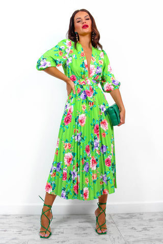 Watch Her Bloom - Green Floral Pleated Midi Dress
