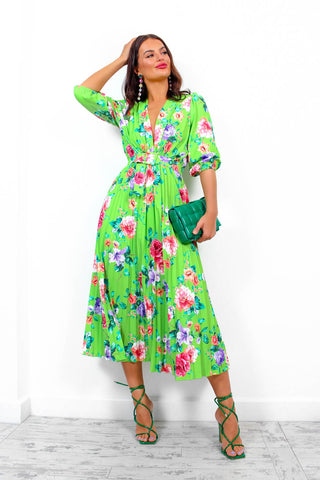 Watch Her Bloom - Green Floral Pleated Midi Dress