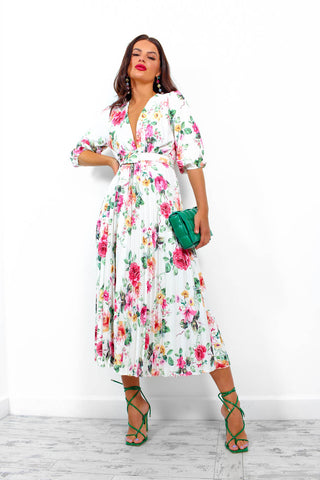Watch Her Bloom - White Floral Pleated Midi Dress