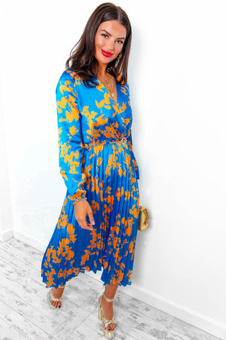 Whisk You Away - Blue Orange Floral Pleated Midi Dress