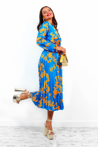 Whisk You Away - Blue Orange Floral Pleated Midi Dress