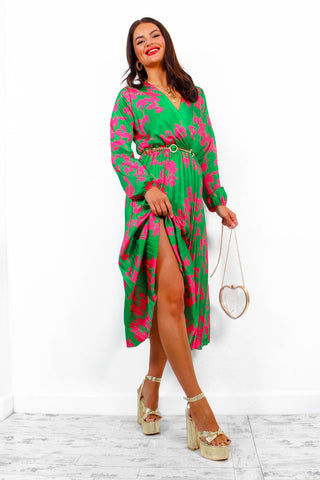 Whisk You Away - Green Pink Floral Pleated Midi Dress