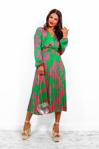 Whisk You Away - Green Pink Floral Pleated Midi Dress