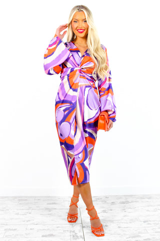Whole Knot Of Style - Purple Abstract Swirl Knot Front Midi Dress