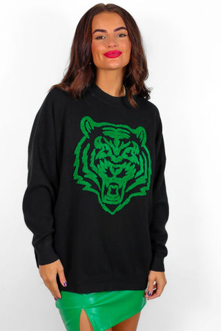 Wild Cat - Black Green Graphic Knitted Jumper