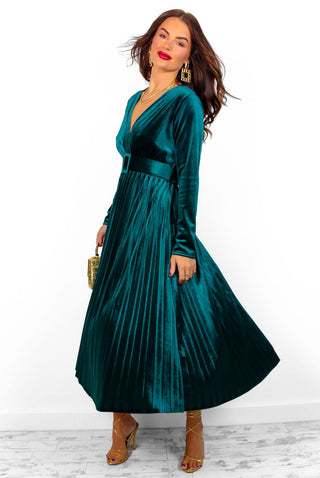 Without Limits - Forest Velvet Pleated Midi Dress