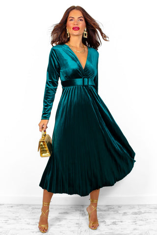 Without Limits - Forest Velvet Pleated Midi Dress