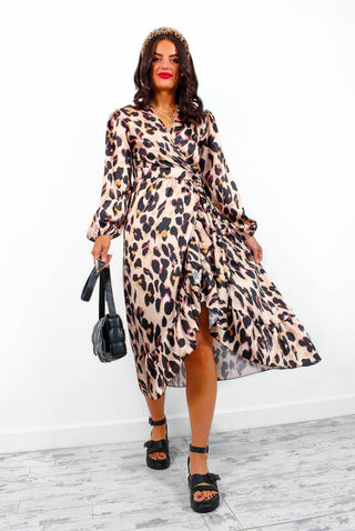 Woman Like Me - Beige Leopard Print Midi Wrap Dress