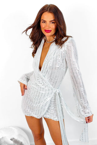 Wrap Me Up In Sparkles - White Silver Sequin Wrap Dress