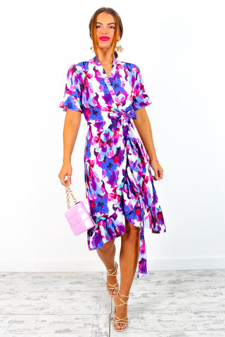 Wrapped With Love - Blue Purple Floral Midi Wrap Dress