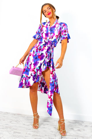 Wrapped With Love - Blue Purple Floral Midi Wrap Dress