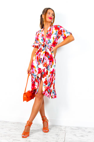 Wrapped With Love - White Red Floral Midi Wrap Dress
