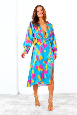 Yours To Keep - Teal Pink Orange Abstract Midi Dress