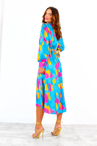 Yours To Keep - Teal Pink Orange Abstract Midi Dress